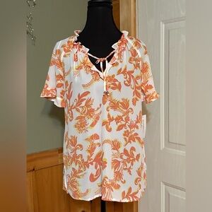 Liz Claiborne White Orange Blouse Floral Short Sleeve Size S Tied Front NWT